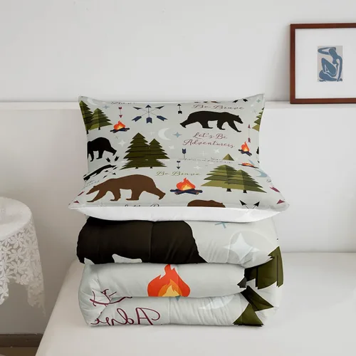 Vista 5 de Juego de ropa de cama Happy Camping de Homewish, tamaño individual, con diseño de osos cazadores y pinos, para niños, hombres, adultos, decoración