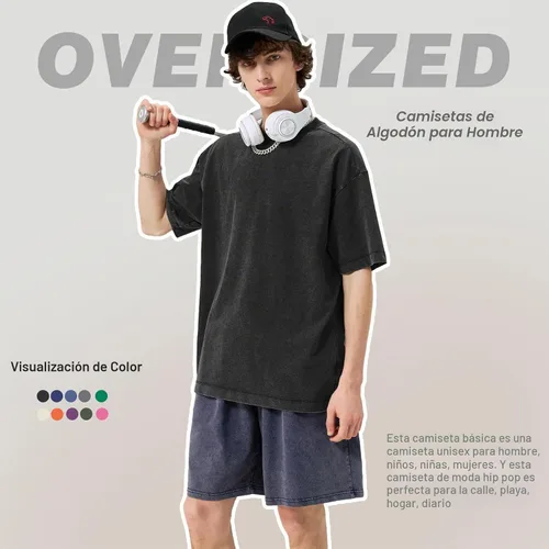 Vista 3 de Camisetas de algodón para hombre, de gran tamaño, unisex, de manga corta, casual, holgada, de lavado, unicolor, básicas A-Negro