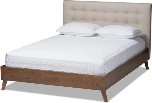 Vista 3 de Baxton Studio Alinia Mid-Century - Cama de plataforma tapizada de madera de nogal, tamaño King, color beige claro