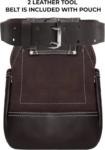 Vista 2 de Genuine Leather Tool Pouch Bag with 2'' Work Belt Included for Handyman, Construction, Carpenter, Farmers with 10 Pockets 2 Hammer Holders