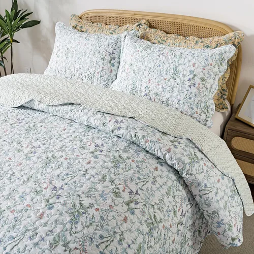 Vista 40 de HoneiLife - Juego de edredón de 3 piezas, colcha ligera de microfibra, diseño de flores silvestres, cubrecamas ligero y botánico, para todas
