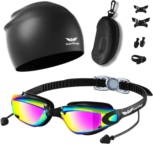 Vista 10 de Gafas de natación 7 en 1 + gorro de natación para hombres y mujeres, sin fugas, antivaho y UV, lente de PC con espejo HD de visión amplia