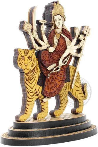 Vista 3 de Estatua tallada en madera Durga Maa de 4 pulgadas en maderas duras exóticas - Ídolo Durga MATA de madera multicapa hecho a mano con león