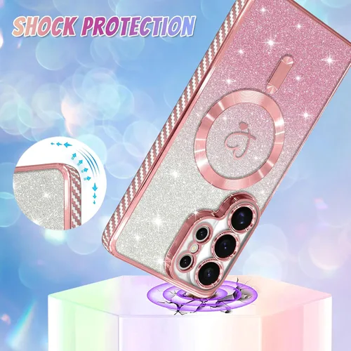 Vista 458 de Bonoma - Funda compatible con Samsung Galaxy S21 Plus, diseño de corazón con purpurina, color rosa Support for MagSafe, Plating Magnetic Case TPU