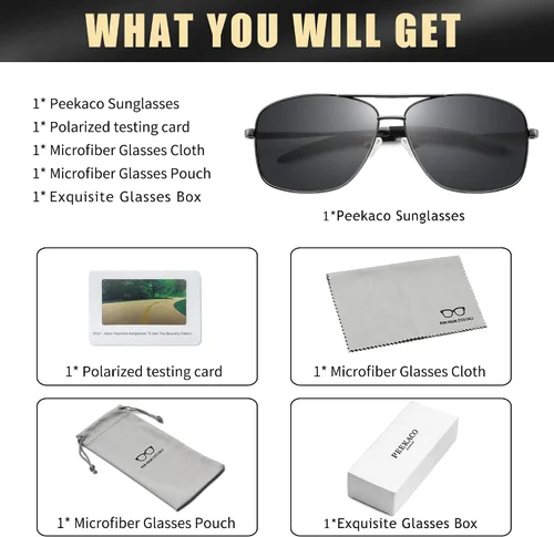 Vista 7 de Peekaco Gafas de sol polarizadas cuadradas estilo aviador para hombres y mujeres marco de metal completo estilo piloto para pesca y conducción