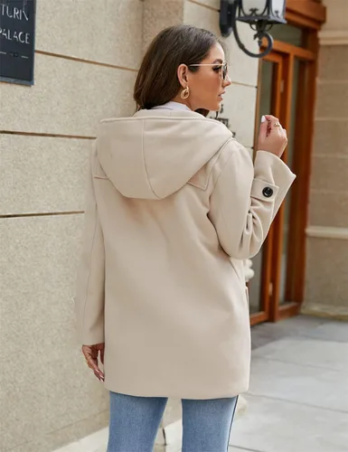 Vista 6 de PAODIKUAI Abrigo de lana con capucha para mujer, abrigo de lana casual, abrigo de invierno