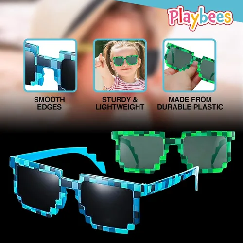 Vista 4 de Playbees Pixel Sunglasses Paquete de 12 Gafas de sol robot para niños y adultos Marcos gráficos pixelados Perfecto para fiestas de cumpleaños