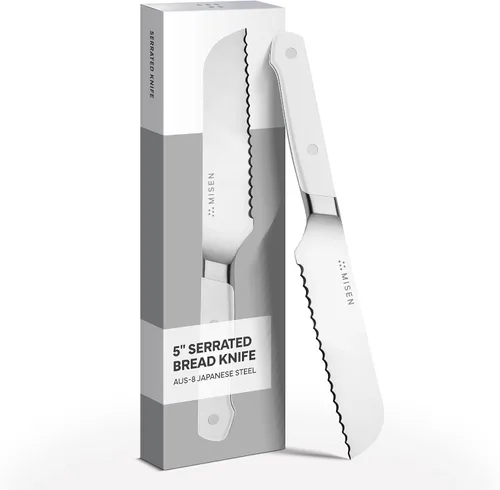 Vista 13 de Misen Cuchillo de Pan Dentado - Acero Japonés AUS8 de Alto Carbono - Perfecto para Alimentos Suaves, Pan, Pasteles y Frutas - Rebanador Versátil