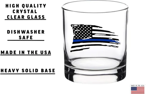 Vista 2 de Rogue River Tactical Tattered Thin Blue Line Old Fashioned Whisky Glass Beber Taza Regalo Para Policía Oficial De Policía