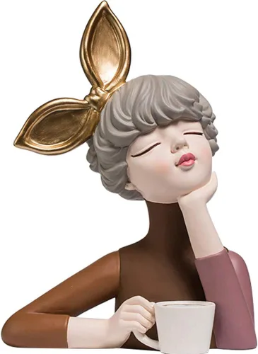 Vista 5 de Figura decorativa de resina para niña, adorno creativo, esculturas y estatuas para el hogar, oficina, sala de estar, mesa, lazo con verde manzana