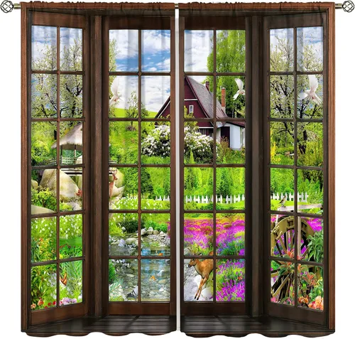 Vista 12 de Cortinas con Vista Natural, Estampado de Patrón de Río y Bosque Hermoso para Ventana, Cortinas Oscuras Aisladas para Dormitorio o Sala de 2 Paneles