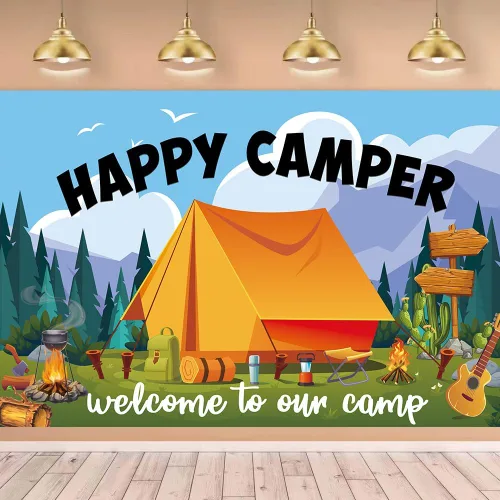 Vista 7 de Cartel de fondo de Happy Camper con 70.8 x 43.3 pulgadas, tela de poliéster grande para campamento, suministros de fotografía de fondo