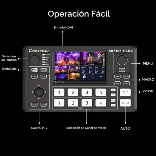 Vista 4 de Mixer Plus Compact Video Switcher 4 HDMI with 4''Built-in Screen, Portable Live Streaming Switcher for Multi-Camera, Online Class, Event, YouTube