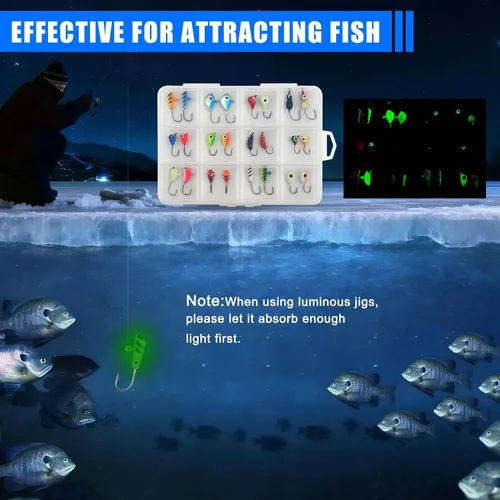 Vista 6 de Ice Fishing Jigs Lures kit, Luminous Ice Fishing Gear Crappie Panfish Jigs Head Fishing Hooks Set for Winter Ice Jigging Walleye Perch Bluegill