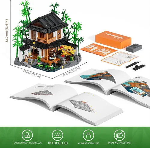 Vista 6 de Lumibricks Set de construcción de casa de bambú con iluminación - Colección de cabaña china retro y casa en el árbol con luz LED, 2432 piezas