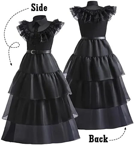 Vista 5 de GRIVOS Wednesday Addams - Disfraces de vestir para niños y niñas, fiesta familiar, disfraz de cosplay con peluca de cinturón de 4 a 14 años