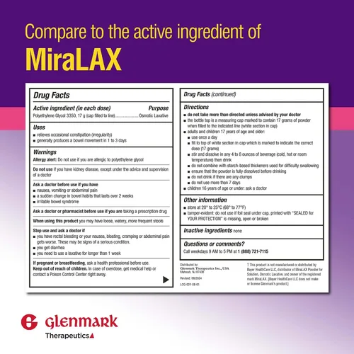 Vista 2 de Glenmark Therapeutics Polvo de polietilenglicol 3350, laxante osmótico, 45 dosis diarias, suaviza las heces, alivia el estreñimiento ocasional