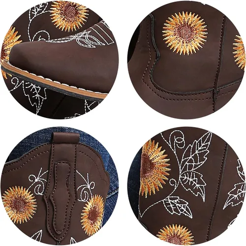 Vista 3 de gloryinterest Botas vaqueras para mujer, botas vaqueras de media pantorrilla, botas occidentales con bordado de girasol, punta cuadrada, tacón bajo