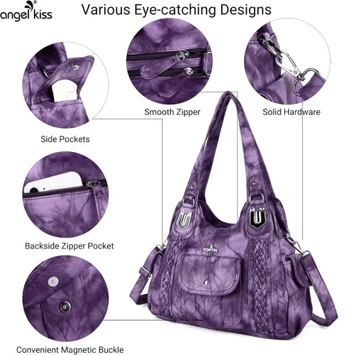 Vista 6 de Angelkiss - Bolsos y bolsos de mano para mujer, de cuero vegano lavado, bolso cruzado de hombro