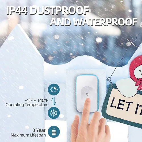 Vista 4 de Timbre inalámbrico de 1200 pies impermeable para el hogar con 36 melodías, 4 niveles de volumen, luz LED flash (1 receptor y 1 botón táctil blanco)