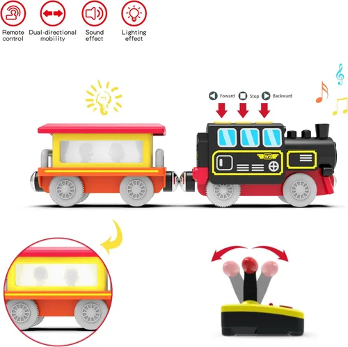 Vista 7 de Tren a pilas para pistas de madera, juguetes de tren motorizado para juego de vías de ferrocarril, juguete de tren eléctrico con tren de control