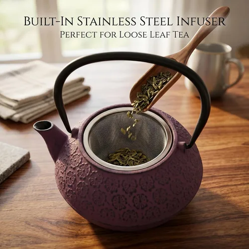 Vista 6 de Tetera de hierro fundido de 30 onzas, forro esmaltado con infusor de metal, tetera de té, morado