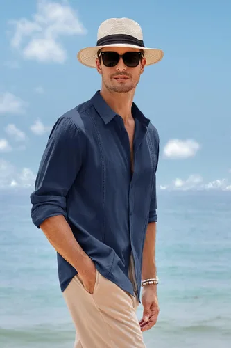 Vista 3 de Camisa de lino guayabera para hombre, manga larga, casual, con botones, playa, verano, hippie, cubana, lisa, blusa