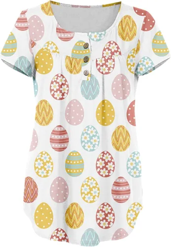 Vista 2 de Womens Casual Easter Short Sleeve Shirts V Neck Bunny Graphic Tops Button Up Pleated Tunic Floral Ruffle Blouse