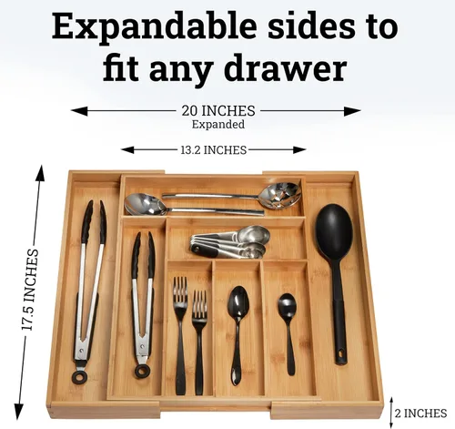 Vista 2 de Dynamic Gear - Organizador de cajones extensible de bambú, cubertería y bandeja de utensilios de calidad, 100% bambú puro, separador de cajones