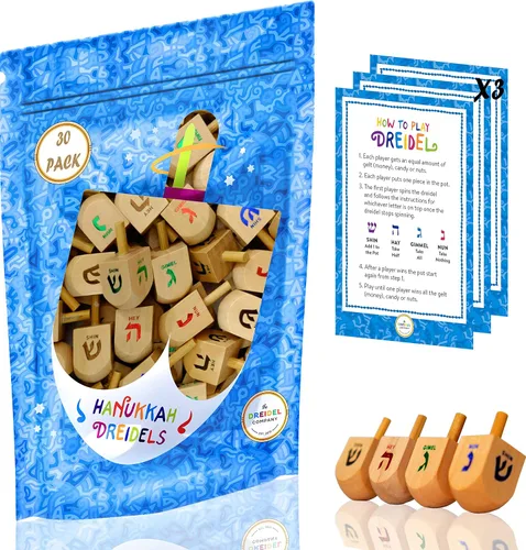 Vista 8 de Paquete de 10 Dreidels Hanukkah Draydel de madera natural con tarjetas de transliteración e instrucciones en inglés