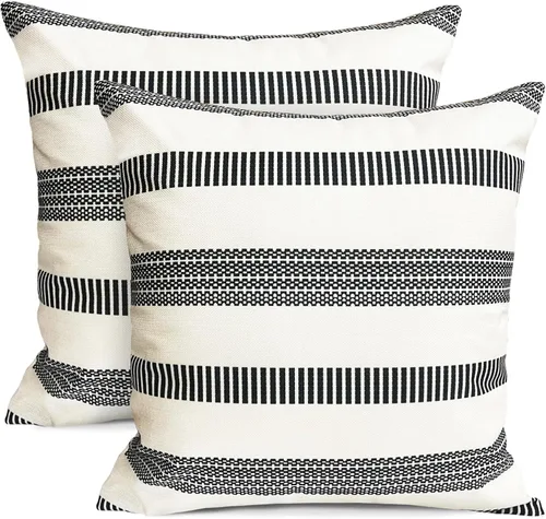 Vista 13 de Juego de 2 fundas de almohada decorativas negras boho 16x16 pulgadas, fundas de almohada de lino modernas estilo bohemia campestre para exteriores