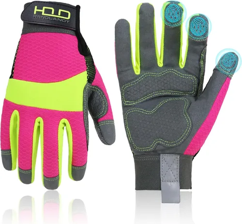 Vista 17 de HANDLANDY Guantes de trabajo para mujer, guantes de jardinería de cuero transpirable para mantenimiento de patio, protección de manos con pantalla