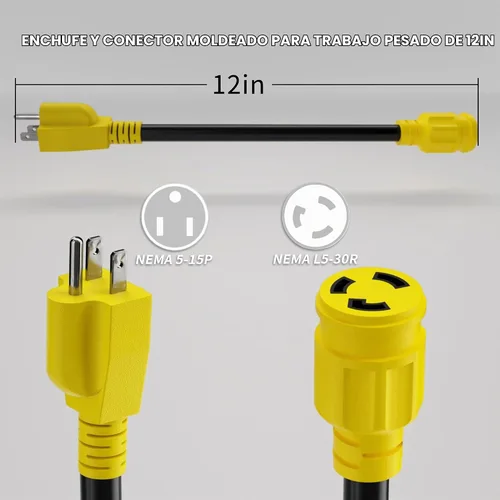 Vista 2 de PlugSaf Cable adaptador de generador RV de 3 clavijas de 15 amperios a 30 amperios, enchufe macho NEMA 5-15 a enchufe hembra NEMA L5-30, cable