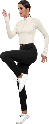 Vista 6 de Neer Paquete de 2 chaquetas de manga larga para mujer, con cremallera de 12, ombligueras de yoga, ajustadas, para correr, con agujeros para el pulgar