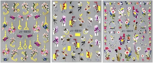 Vista 2 de Calcomanías de uñas bronceadas en relieve 5D, 3 hojas de flores de primavera, hierba, pájaro, calcomanías de arte de uñas, accesorios de uñas