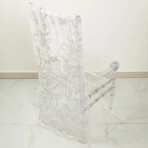 Vista 5 de Efavormart Funda de encaje bordada con lentejuelas florales de organza blanca, cubierta de encaje para silla de boda