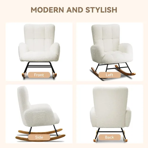 Vista 4 de LUCKLIFE Mecedora para guardería, silla mecedora tapizada de peluche con respaldo alto, silla de lectura, sillas mecedoras modernas con bolsillos