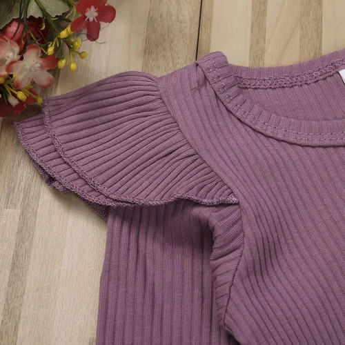 Vista 4 de Ropa para bebé y niña, acanalado, con volantes, manga larga, mameluco, pantalones acampanados, color sólido, otoño, invierno, trajes de 2 piezas