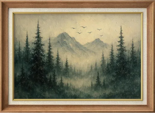 Vista 201 de MUDECOR Lienzo enmarcado prémium para pared, pinos nevados en bosque de invierno, ilustraciones modernas, arte contemporáneo, escénico, divertido