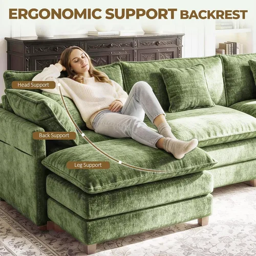 Vista 2 de Sofá modular en forma de L de 112 pulgadas con 1 otomana, cama convertible de nube de asiento profundo, 3 cojines de 2 brazos, cómodos muebles Verde