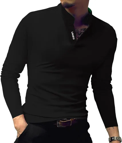 Vista 2 de LOGEEYAR Camisa polo de moda para hombre, de manga larga, ajustada, Henley, ropa de algodón piqué