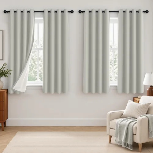 Vista 14 de 2 paneles de cortinas 100% opacas, de peso medio, con aislamiento térmico y ojales para dormitorio, sala de estar, tratamiento de ventana