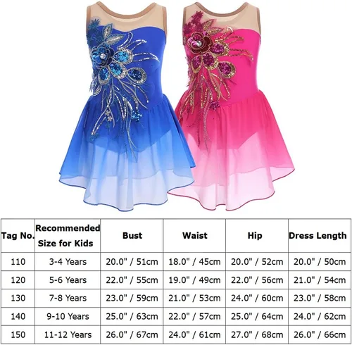 Vista 4 de Vestido de patinaje artístico sobre hielo para niñas, lentejuelas brillantes, malla transparente, gasa, ballet, danza, leotardo, trajes de bailarina