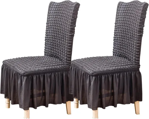 Vista 47 de Qubjus Juego de 2 fundas elásticas para sillas de comedor con falda, extraíbles y lavables, para sillas de cocina, juego de fundas protectoras