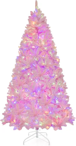 Vista 10 de Goplus Árbol de Navidad artificial preiluminado rosa de 6 pies, árbol de Navidad artificial con bisagras con nieve artificial con 808 puntas