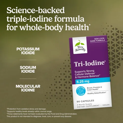 Vista 3 de Terry Naturally Tri-Yodine 6.25 mg - Suplemento para la salud de la tiroides - 90 unidades Yodo. Apoyo al equilibrio hormonal y tiroideo. 90