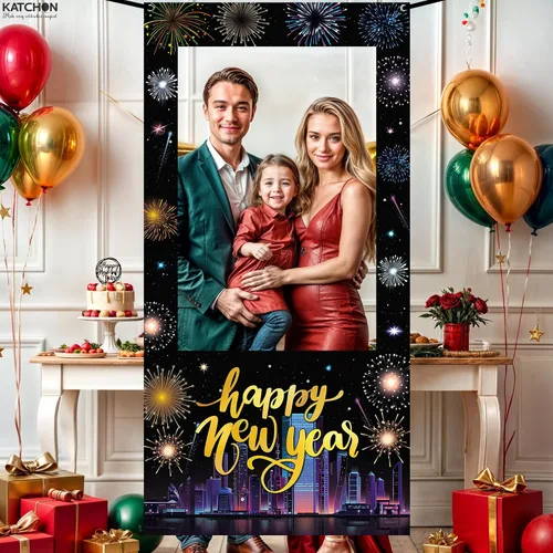 Vista 5 de KatchOn, Marco de cabina de fotos de Año Nuevo, grande, 74 x 36 pulgadas, marco de cabina de fotos de feliz año nuevo, suministros de fiesta de Año