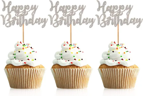 Vista 9 de 48 piezas de decoración para cupcakes de feliz cumpleaños, color negro, con purpurina, suministros de decoración de fiesta de cumpleaños