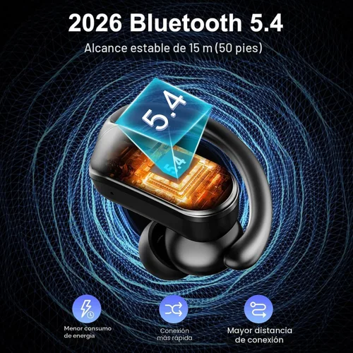 Vista 5 de Auriculares inalámbricos deportivos con ganchos para las orejas, auriculares Bluetooth 5.4 con 4 micrófonos ENC cancelación de ruido, IPX8