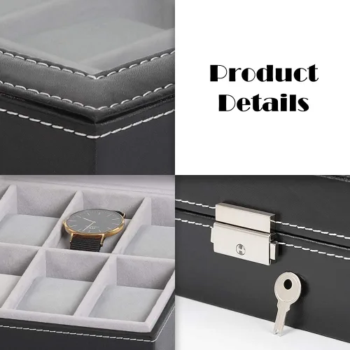 Vista 4 de LIANTRAL Caja de reloj para hombre regalo de San Valentín para él 12 ranuras de cuero organizador de reloj parte superior de cristal negro